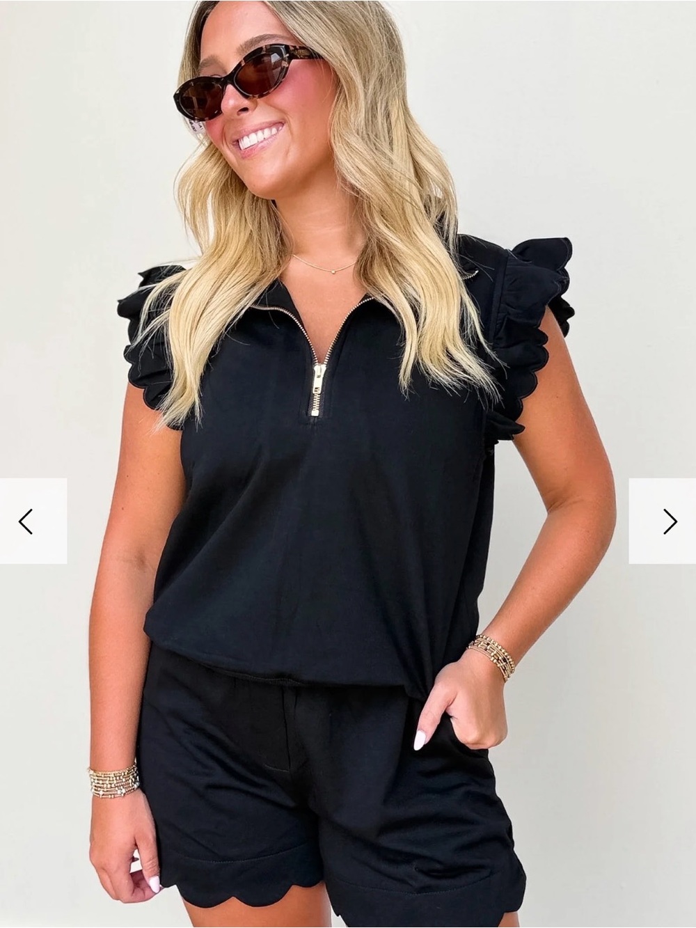 Umgee Black Zip-Front Ruffle Sleeve Top and scalloped shorts set